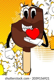 Ice Cream holding red heart in his hand. Summer refreshment, sweet food as a cartoon character with face.