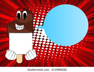 Ice Cream holding white box. Summer refreshment, sweet food as a cartoon character with face.