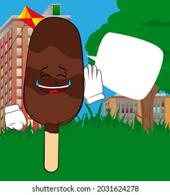 Ice Cream holds hand at his ear, listening. Summer refreshment, sweet food as a cartoon character with face.