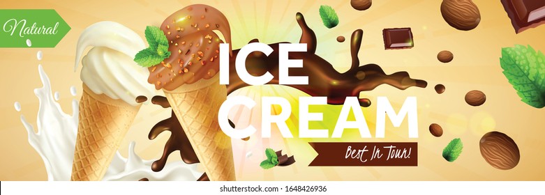 Ice cream horizontal ads poster with waffle cones of different taste on scattered pieces of chocolate and nuts background vector illustration  