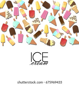 Ice cream horizontal banner. Delicious sweet desserts. Colorful summer frame. Vector illustration