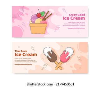 Ice Cream Horizontal Banner Template Flat Cartoon Background Vector Illustration