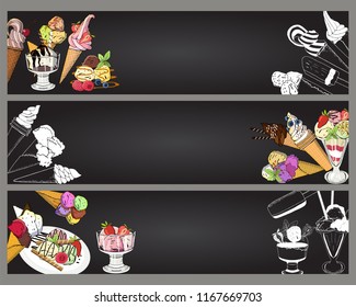 Ice cream horizontal banners set, vector illustration