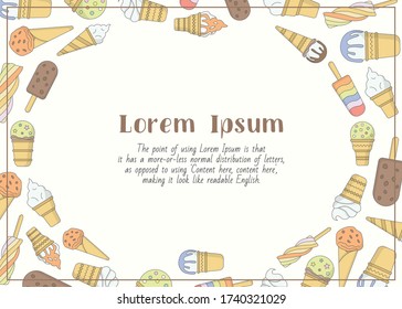 Ice cream - horizontal card with text and vector color illustrations of cold sweet dessert for graphic design