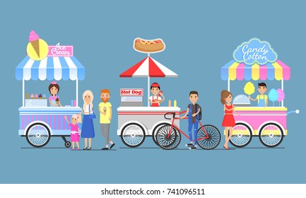 Ice cream, hotdog and candy cotton booths icons isolated on blue background. Vector illustration with sweets and fast food street services