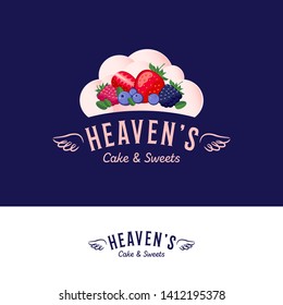 Heaven’s ice cream house, gelateria logo. Berries and scoops of ice cream like cloud. Logotype with angelic wings.