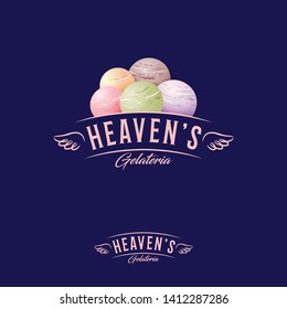 Heaven’s ice cream house, gelateria logo. Letters and scoops of ice cream like cloud. Logotype with angelic wings.