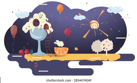 Ice cream house with a ladder, amongst the balloons at glazurovki a clearing among the trees, flat vector illustration for design