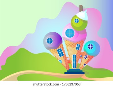 Ice cream house, in soft pastel colors with a gradient. Vector illustration for design, web, printed products