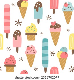 Ice cream, ice-cream cones and popsicles seamless pattern. Isolated yummy ice cream pattern isolated on white background. Square repeat pattern design. Vector illustration.