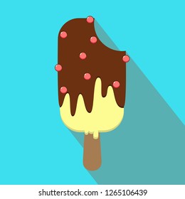 Ice cream with icing and confectionary dressing on a stick, long shadow