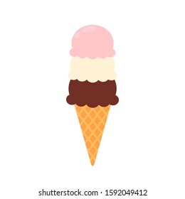 Ice cream icon 3 balls in waffle cone. Vector flat illustration isolated on white background