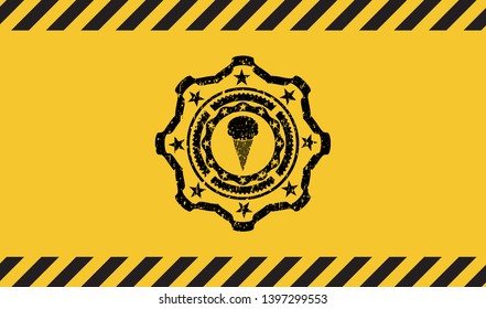 ice cream icon black grunge emblem inside yellow warning sign. Vector Illustration. Detailed.