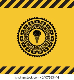 ice cream icon black grunge emblem with yellow background. Vector Illustration. Detailed.