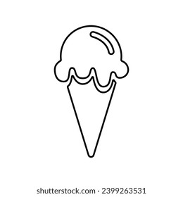 Ice cream icon, black outline clipart on white. One ice ball in waffle cone, line style. Vector element for minimalist summer design and print, street food illustration or logo.