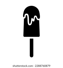 Ice cream icon, black silhouette on white. Popsicle with chocolate icing on stick, segmented stencil shape. Vector element for minimalist summer design and print, street food illustration or logo.