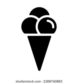 Ice cream icon, black silhouette on white. Three ice ball in waffle cone, segmented shape in stencil style. Vector element for minimalist summer design and print, street food illustration or logo.