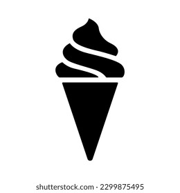 Ice cream icon, black silhouette on white. Soft gelato in waffle cone, segmented shape in stencil style. Vector element for minimalist summer design and print, street food illustration or logo.