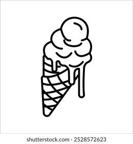 Ícone de sorvete, silhueta preta em branco. Uma bola de gelo em um cone de waffle, forma segmentada em estilo de estêncil. Elementos vetoriais para desenhos e estampas minimalistas de verão, ilustrações de comida de rua ou logotipos