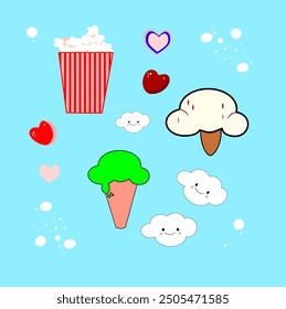 ice cream icon, ice cream in a bowl, Colorful ice-cream, Vector Ice cream, Vector illustration of Ice cream, popcorn, clouds, heart