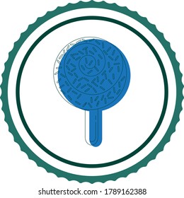 ice cream icon or circular popsicle with chocolate chips in blue tone, white background with black lines