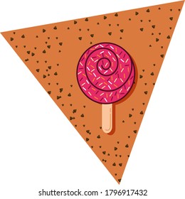 icono de helado o paleta circular con pepita de color, fondo marrón con textura y forma triangular
