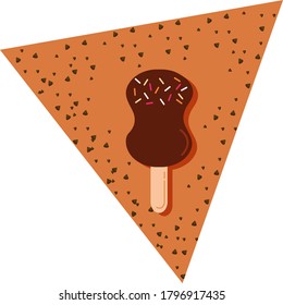 Ice cream icon or circular popsicle with colored chips and chocolate filling, brown background with texture and triangular shape