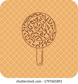 Ice cream icon or circular popsicle with colored chips and chocolate filling in brown lines. textured beige background