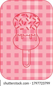 Ice cream icon or circular popsicle with colored chips and chocolate filling with red lines. pink background