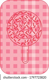 Ice cream icon or circular popsicle with colored chips and chocolate filling with red lines. pink background
