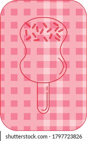 Ice cream icon or circular popsicle with colored chips and chocolate filling with red lines. pink background