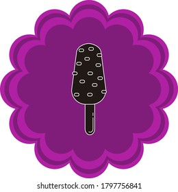 Ice cream icon or circular popsicle with colored chips and chocolate filling in white lines. purple background