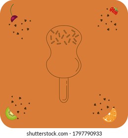 Ice cream icon or circular popsicle with colored chips and chocolate filling with brown lines. background with fruits