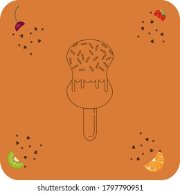 Ice cream icon or circular popsicle with colored chips and chocolate filling with brown lines. background with fruits