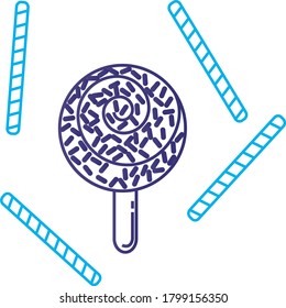 Ice cream icon or circular popsicle with colored chips and chocolate filling degraded blue lines. white background