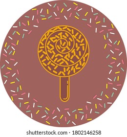 Ice cream icon or circular popsicle with colored chips and chocolate filling with colored lines. textured brown background