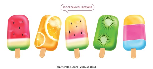 Ice cream icon clip art set. Popsicle with tropical fruit flavor like watermelon, orange and kiwi clip art summer cold dessert collection vector illustration.