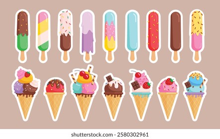 Ice cream icon clipart set. Tasty ice cream and popsicle clip art with bright white shadows and different flavor vector illustration summer dessert cartoon collection.
