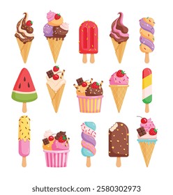 Ice cream icon clipart set. Cold and sweet ice cream clip art with flavor in popsicle stick, cone and cup elements vector illustration summer dessert flat symbol collection.