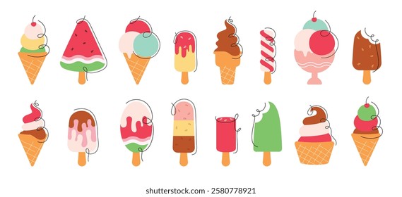 Ice cream icon clipart set. Summer sweet and colorful  ice cream vector illustration with delicious flavor in popsicle stick and cone elements symbol flat collection clip art.
