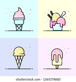 Ice Cream Icon Collection In Pastel Color. Cute Ice Cream Logo In Flat Line Style For Social Media Banner, Summer Poster And App Icon Design.
