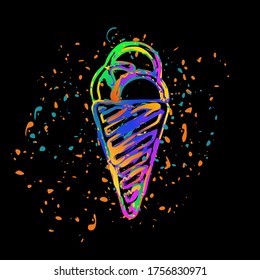 ice cream icon. Colored ink with splashes on black background