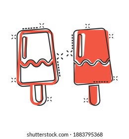 Ice cream icon in comic style. Sundae cartoon vector illustration on white isolated background. Sorbet dessert splash effect business concept.