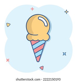 Ice cream icon in comic style. Sundae cartoon vector illustration on white isolated background. Sorbet dessert splash effect business concept.