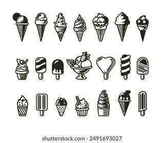 Ice cream icon. Cone cold dessert delicious gelato. Logo food solid shape on stick. Soft snack summer shop items. Popsicle sweet milk flavor, waffle with frozen creamy vector symbol badge isolated set