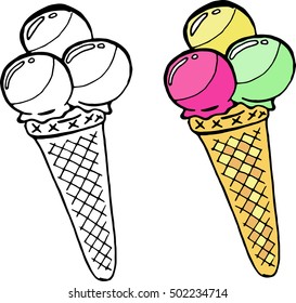 Ice cream icon. Cone ice cream raspberry, chocolate, pistachio. Hand drawn ice cream ball.