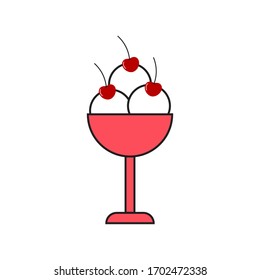 Ice cream icon, delicious cold dessert with cherries. Vector illustration isolated.