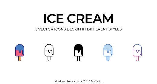 Eiscreme-Icon Design in Fünf-Stil mit Editable Stroke. Linie, feste, flache Linie, Duo Tone Farbe und Farbverlauf Linie. Geeignet für Webpage, Mobile App, UI, UX und GUI Design.