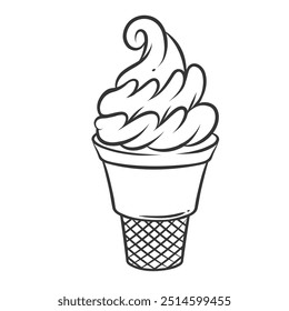 Ice cream icon, doodle American sundae swirl in waffle cup. Funny retro sketch of soft serve gelato in lattice pattern wafer cornet. Dessert mascot, hand drawn ice cream icon vector illustration
