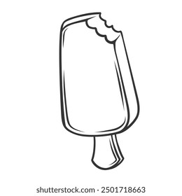 Ice cream icon, doodle bitten popsicle on stick. Funny retro sketch of candy bar covered with chocolate or fruit glaze. Summer cold dessert mascot, hand drawn ice cream icon vector illustration